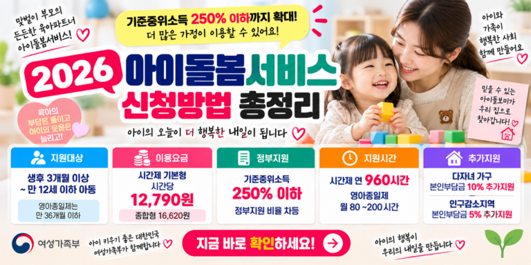 2026 아이돌봄서비스 신청방법｜중위소득 250%·정부지원금·본인부담금 총정리