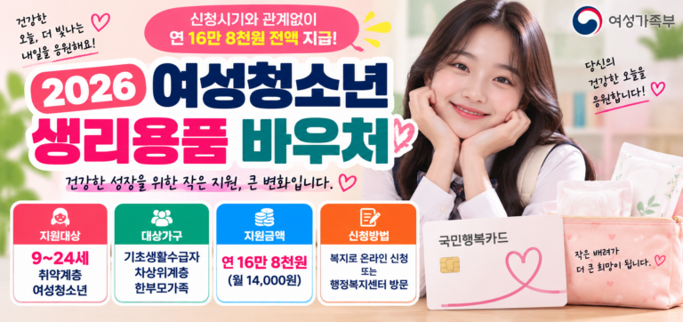 2026 여성청소년 생리용품 바우처 신청방법｜연 16만8000원·국민행복카드 사용처