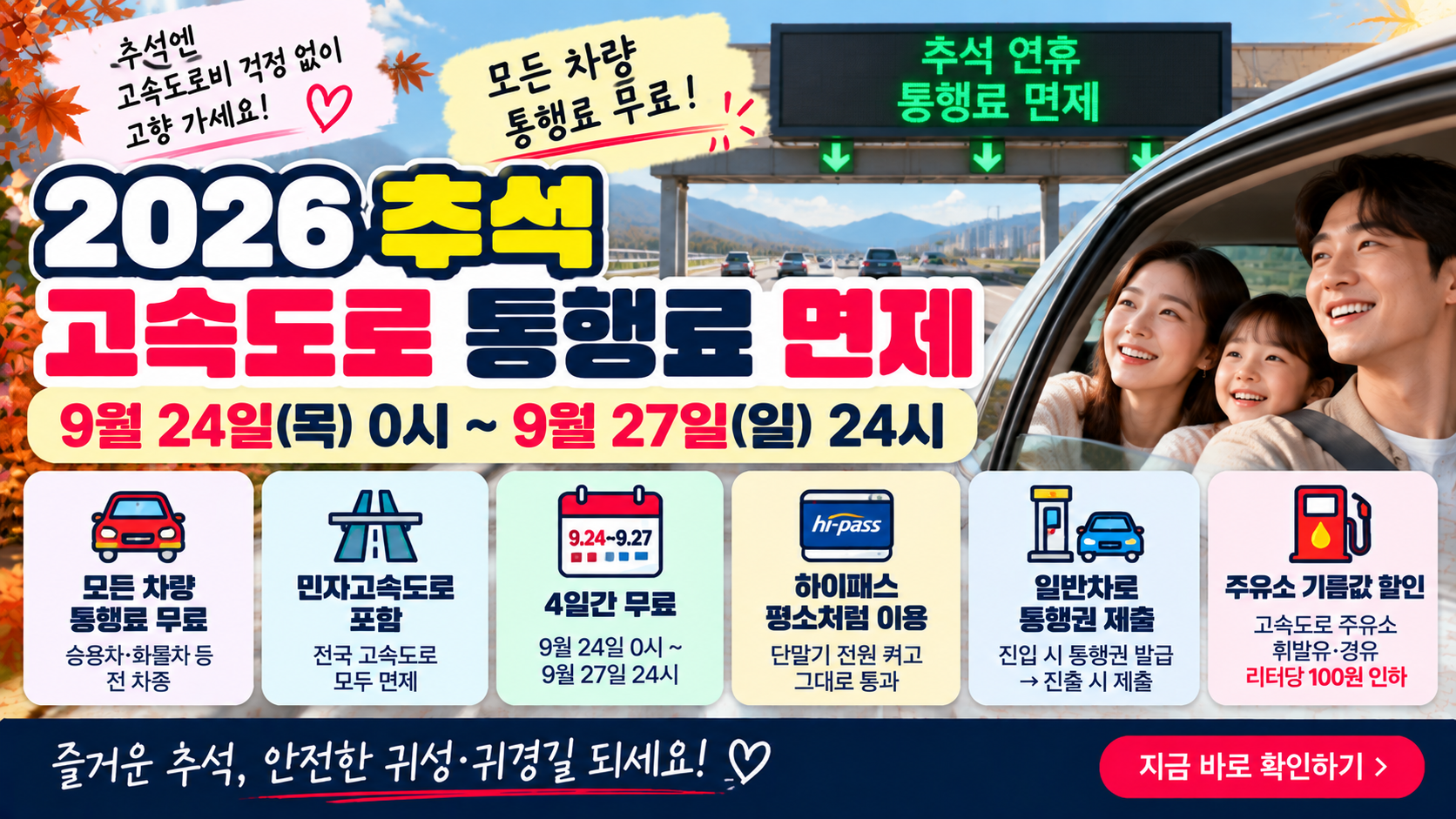2026 추석 고속도로 통행료 면제|9월 24~27일 무료·하이패스 이용방법 1 2026 추석 고속도로 통행료 면제|9월 24~27일 무료·하이패스 이용방법
